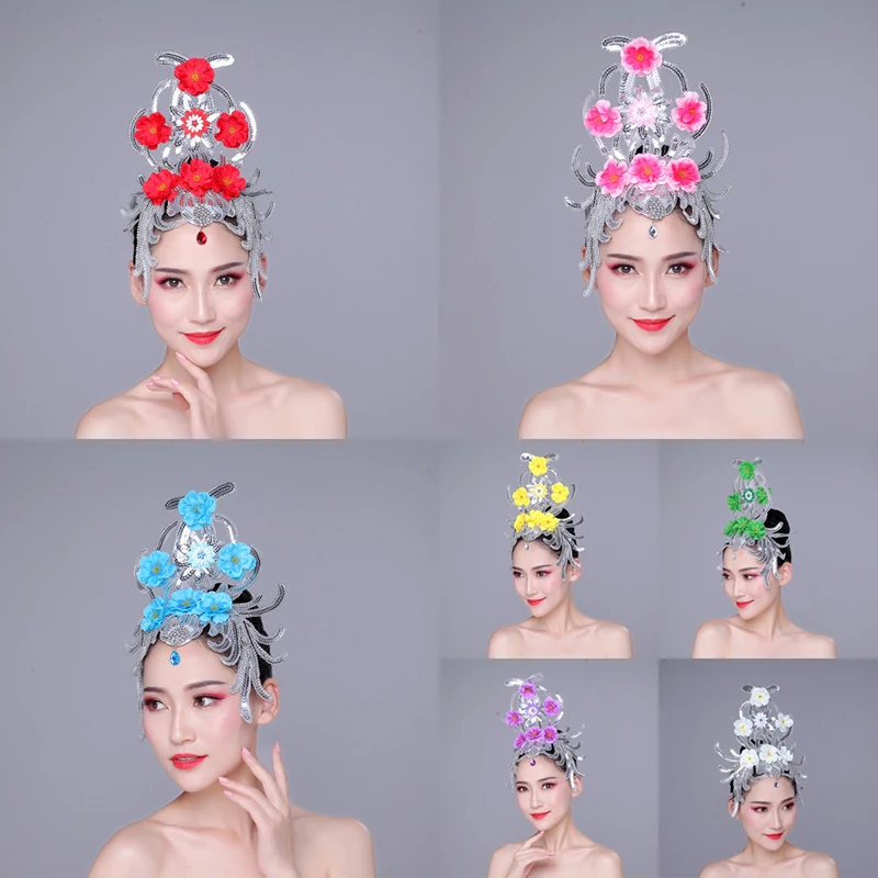Dance Elegant Veil Brim Hats Headdress Show Stage Performance Costume Hair Accessories Women Yangko Folk Dance Hair Flowers