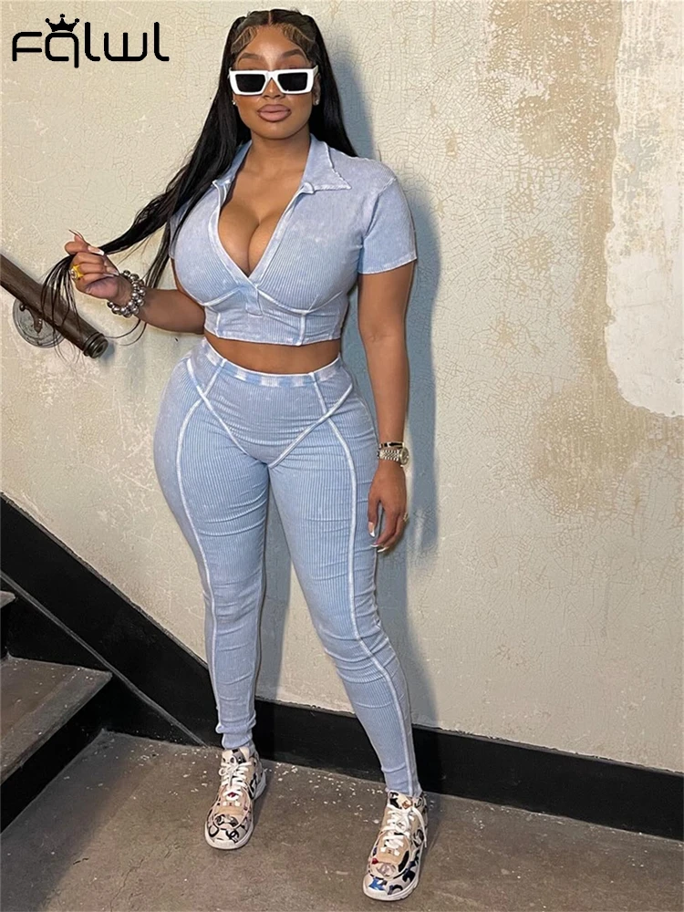 Habbris Summer Blue Ribbed Casual 2 Piece Set Fitness Sporty Outfits Women 2024 Short Sleeve V-Neck Skinny Distressed Pants Set