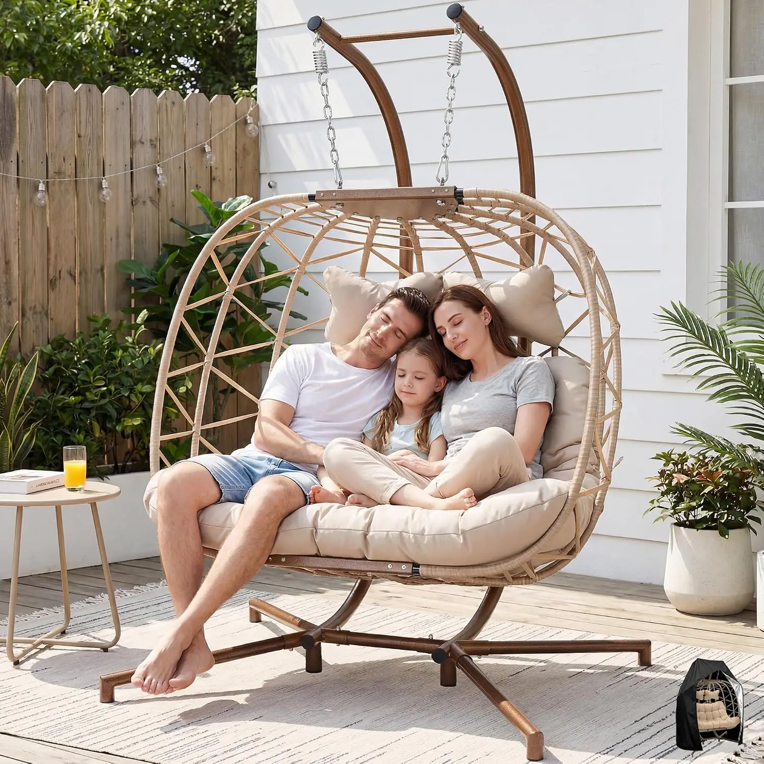Oversized 2 Person Egg Chair with Stand, All-Weather Patio Swing with Cover, Wide Seat for Backyard Porch, Cream, Customized