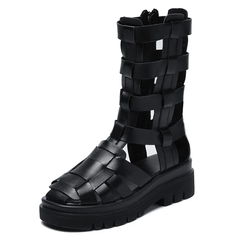 Back Zipper Retro Women Boots Cowhide Platform Gladiator Women Sandals Summer Flats Black Boots Wedge Leather Women  Shoes