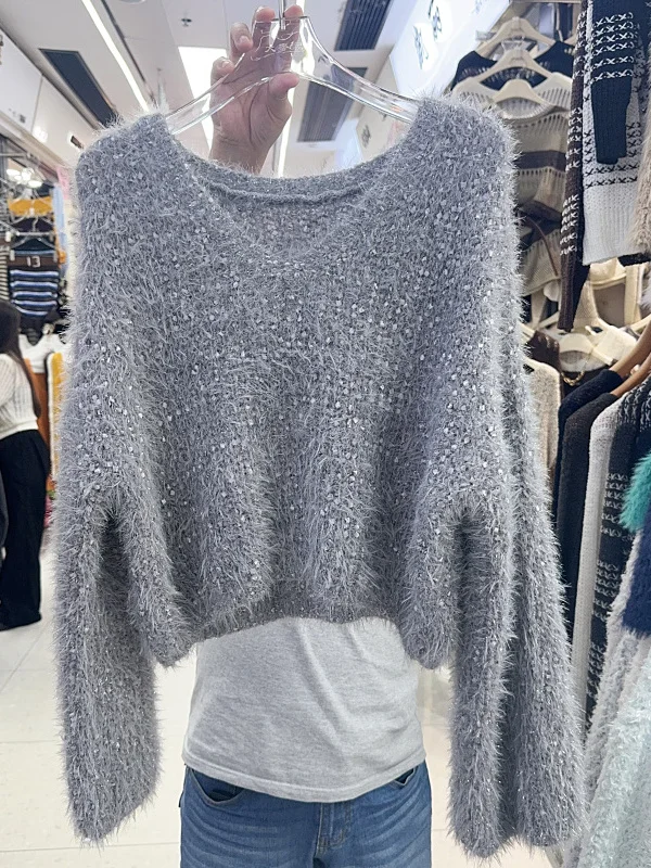

Chic Soft iny Tead Fur Knit Sweater Autumn Winter Thi Warm V-Ne ort Sve Long Sve Pure Color Commute Sle