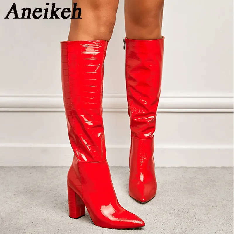 Aneikeh Fashion Sexy Women Pointed Thick Heels Knee Long Boots 2024 Spring/Autumn PU Crocodile Pattern Panel Side Zipper Boots