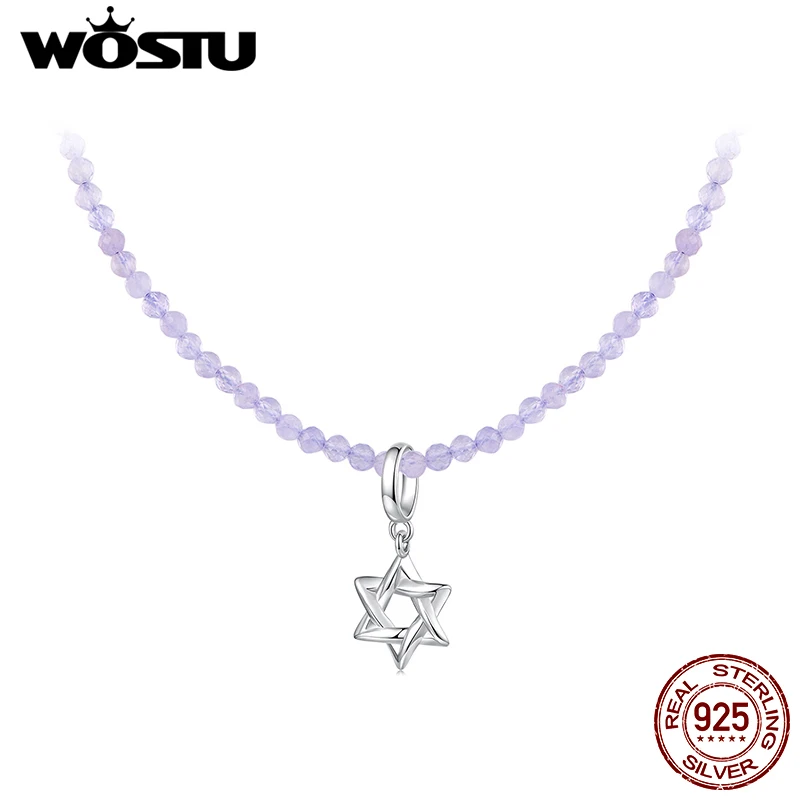 WOSTU 925 Sterling Silver hexagram Star Pendant Necklace Natural Purple Crystal Amethyst Link Necklace Choker Jewelry Party Gift