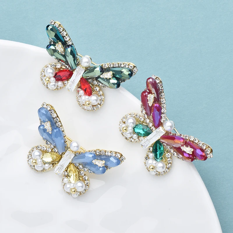 Wuli&baby Pearl 3 Colors Handmade Czech Rhinestone Butterfly Brooch Pin Quality Jewelry Accessory For Collection