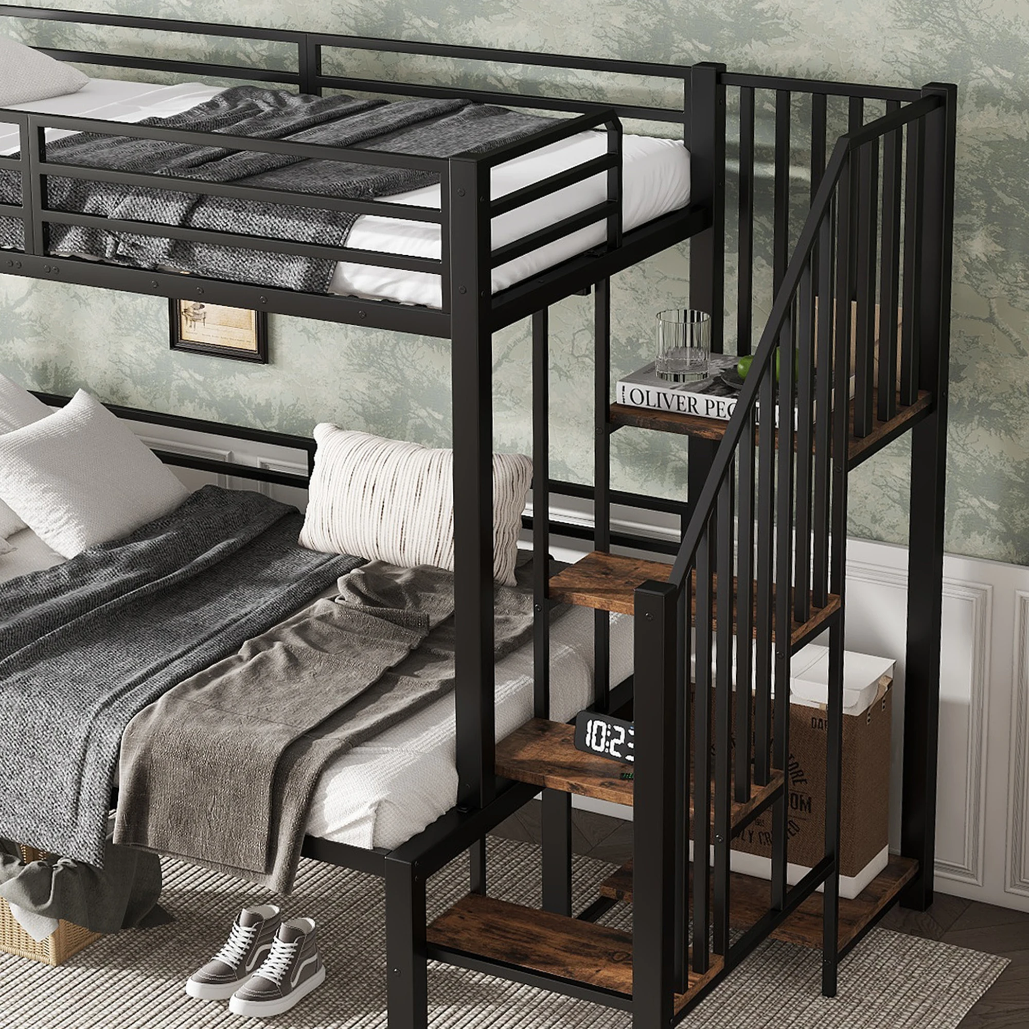 PINGGO Eisen-Etagenbett für Kinder und Jugendliche mit Stauraum-Eckschrank, Eisen & MDF, Schwarz Vintage-Holz, 90x200cm 120x200cm, ohne Matratze – Detail 3