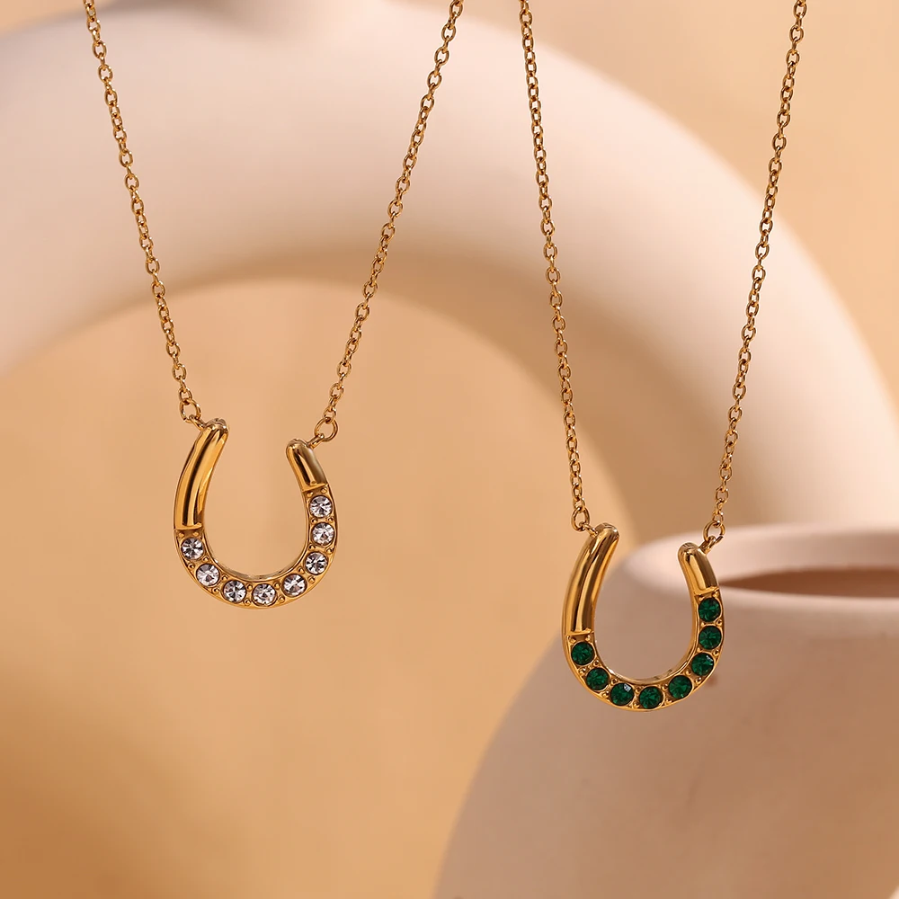 MamacitaSlay 18K Gold Plated Sparkling Horseshoe U-shaped Pendant O-chain Women\'s Stainless Steel Necklace Jewelry On The Neck