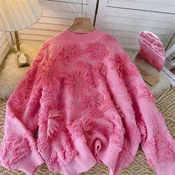 Perlens tickerei Blumen kurzer Strick pullover grün weiß rosa Frauen Pullover Tops lässig Rundhals ausschnitt Langarm Strick pullover