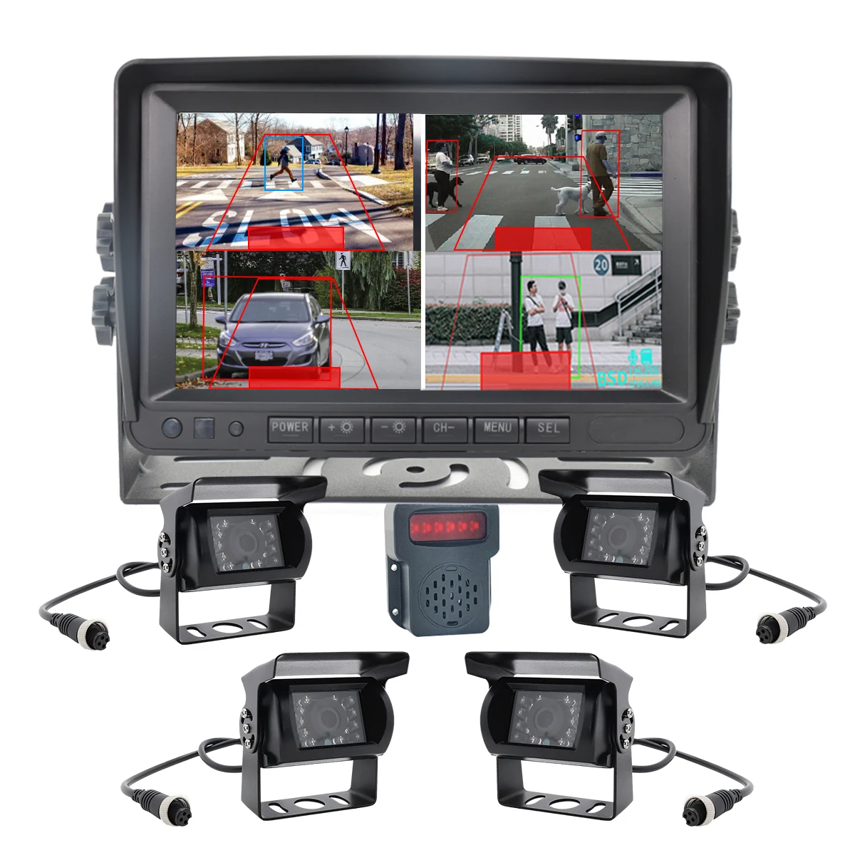 7/9 Inch Quad  Backup Camera Proximity Warning System 4 Channels BSD Monitor Kit with Speaker for Truck Construction Equipment