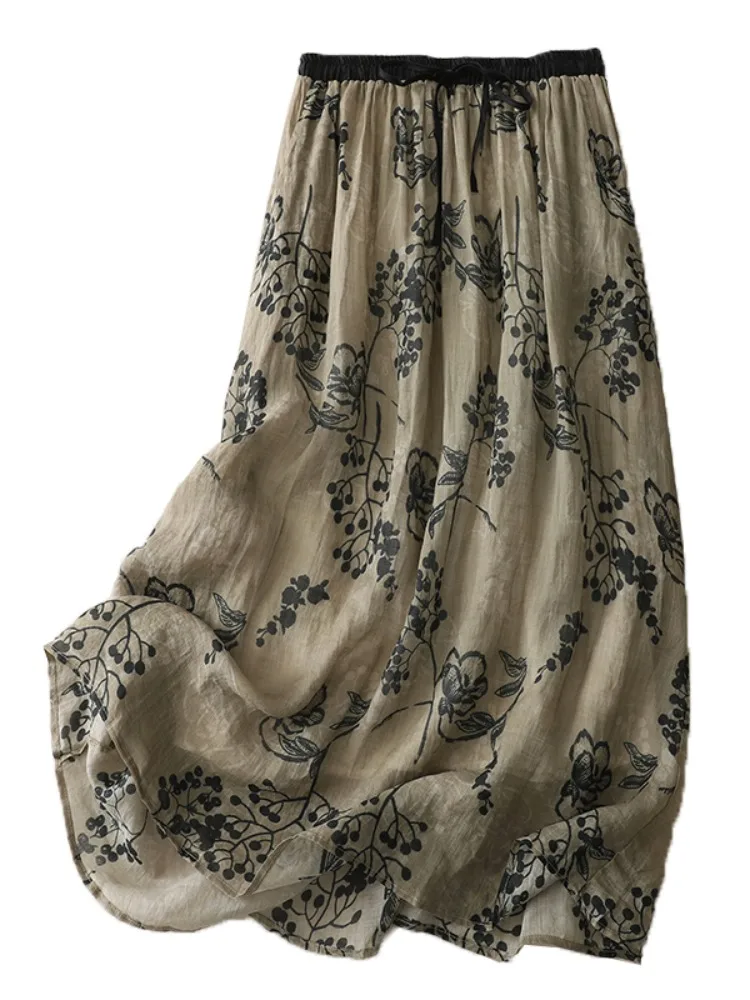 Retro bloemenprint linnen f rok dames zomer lichtgewicht ademend hoge taille gedrapeerde afslankende dubbellaagse a-lijn rok