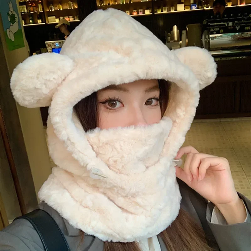 Conjuntos de cachecol e chapéu de pelúcia feminino, tudo em um, gorro de orelha de urso kawaii, à prova de vento, capuz, boné de proteção auricular,