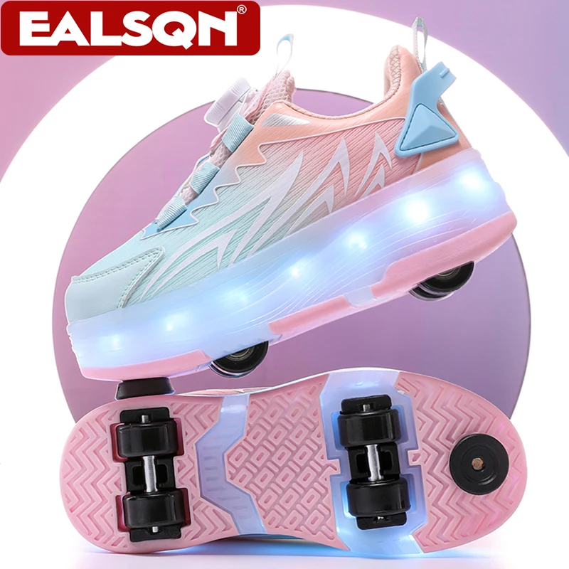 USB Rechargeable LED Light Up Roller Skates for Kids Teens Adjustable Children Boys Girls Sport Skating Shoes with Four Wheels