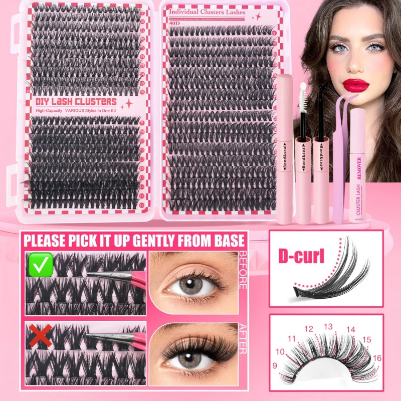 طقم تمديد الرموش 740/200pcsCluster، 2 في 1 لاش بوند، ملاقط، مزيل الرموش، مجموعات مزيج 30D+40D+50D 9-16 مم للمبتدئين