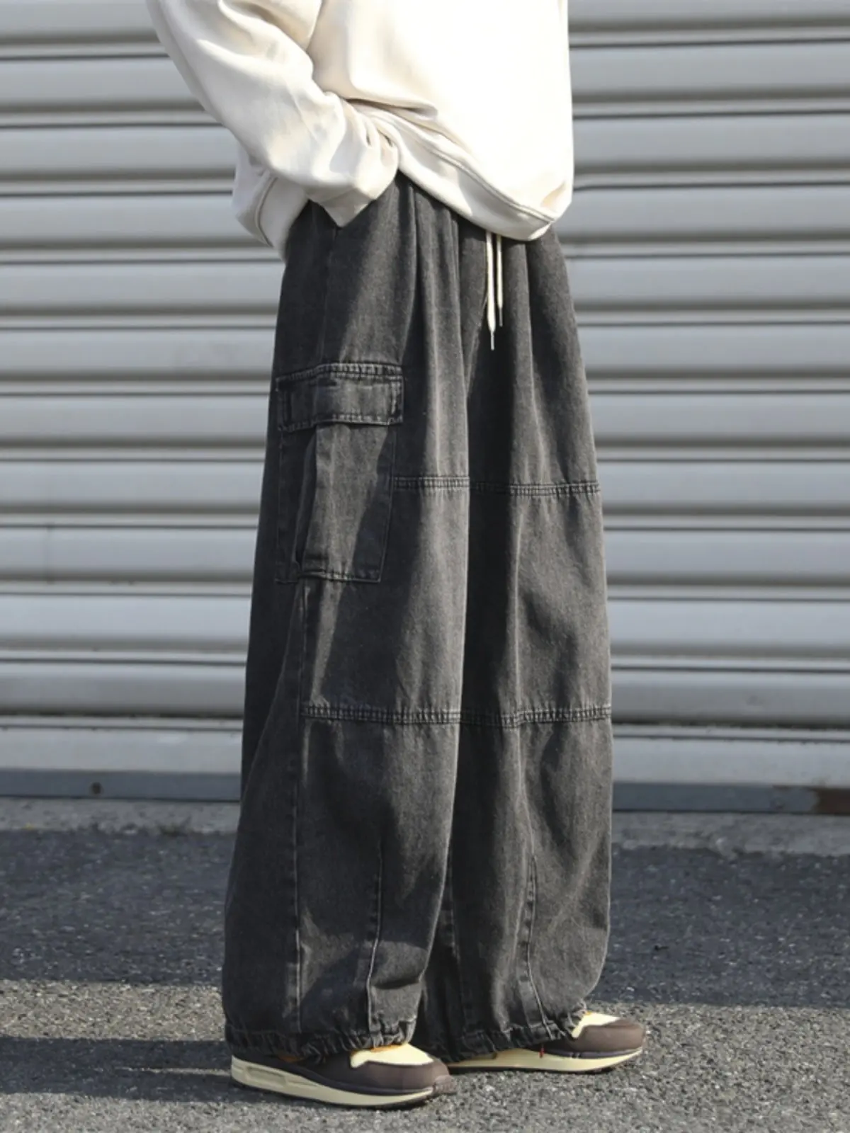 Spring Autumn Men's Cargo Jeans American Fashion Multi Pocket Washed Denim Pants Casual Loose Retro Male Straight Leg Trousers