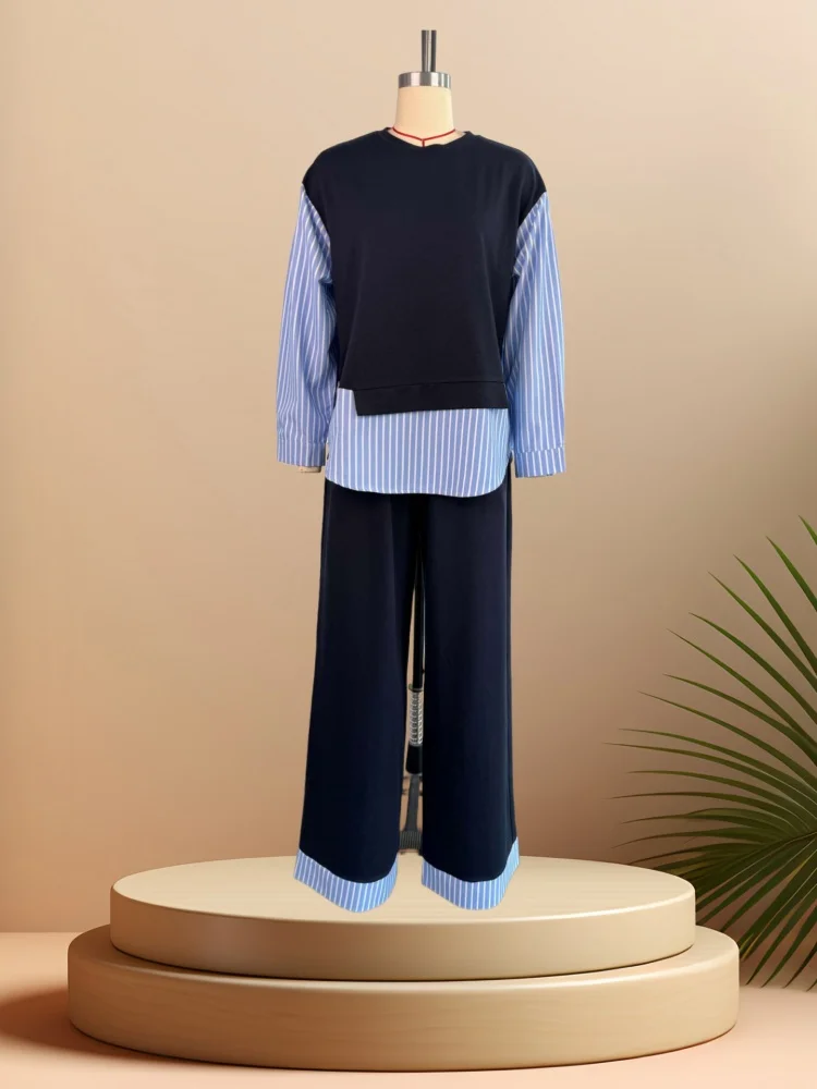 

Женский костюм Sister Star, модный повседневный полосатый топ с круглым вырезом, брюки с высокой талией, темпераментный комплект из двух предметов для поездок на работу