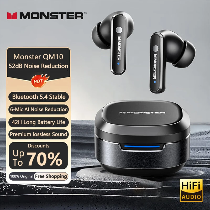 Monster QM10 Wireless Bluetooth5.4 Earphones HD Call HIFI Surround Sound Headphones Low Latency Long Battery Life Sport Earbuds