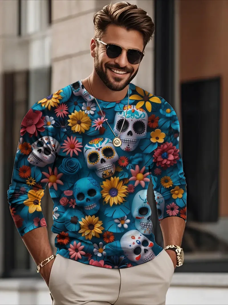 

Halloween Skull Graphic Long Sleeve T-Shirt For Men Women Oversize Breathable Round Neck Casual Tees Gothic Creative Design Tops