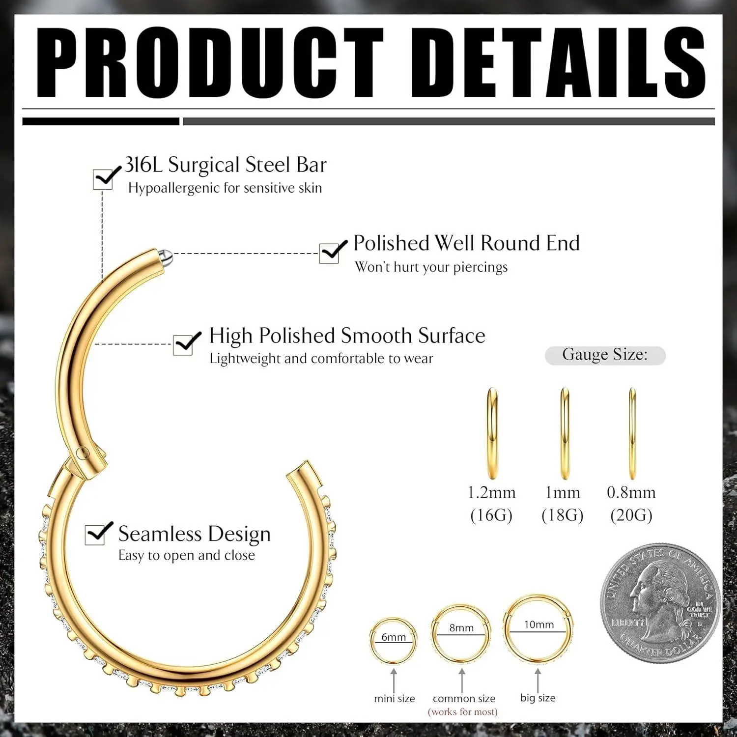 2Pcs Surgical Steel Cartilage Hoop Earrings for Women Men Hypoallergenic Hinged Clicker Septum Rings Nose Rings Hoops Conch Helix Tragus Piercing Jewelry 16G