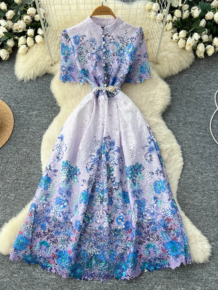 Elegante laço francês floral impressão recorte vestido feminino verão único breasted strass acentos cintura-emachecendo a linha vestido longo