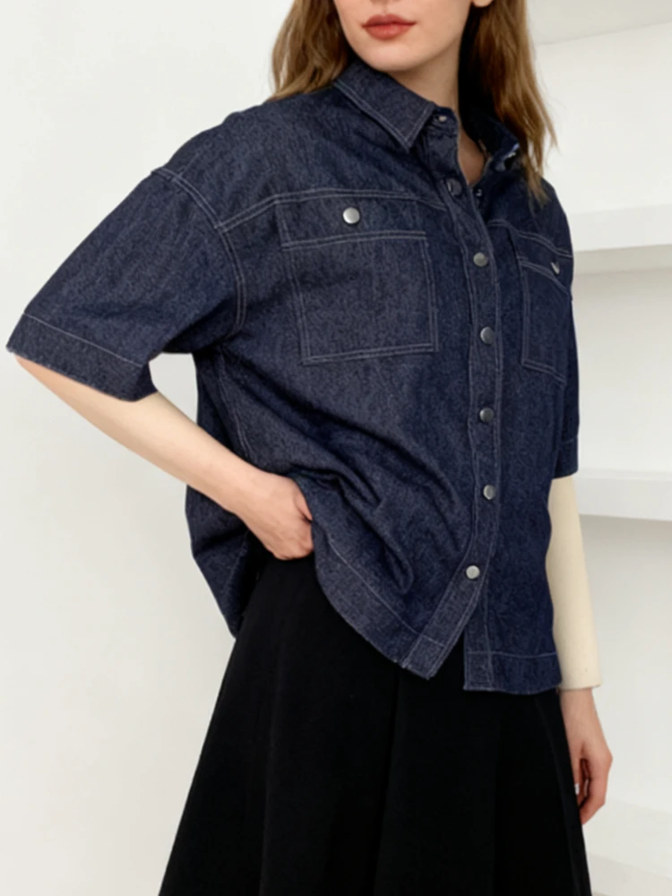 

Beautyblue Women Denim Shirt Half Sleeve Lapel Collar Loose Fit Button Front Pocket Blue Casual Lapel Blouses&Shirts Female Tops