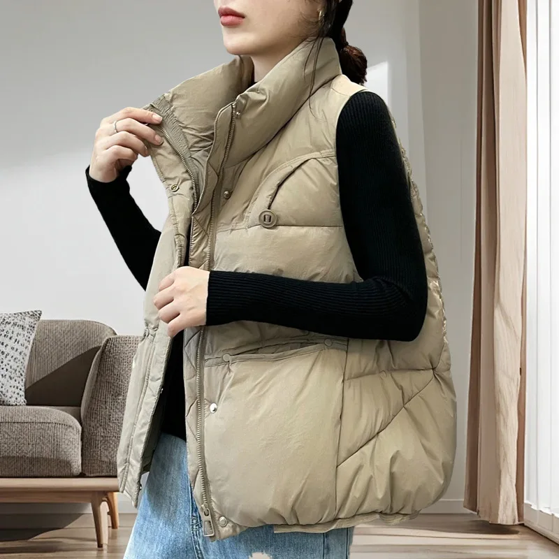 Down cotton jacket women 2026 new short autumn winter vest high collar sleeveless zipper pocket women's cotton coat clothing