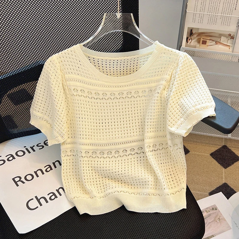 Women's White Hollow Out Knitted Tops 2026 Summer Short Sleeve O-Neck Breathable T-shirt Ice Silk Sun-protective Clothing