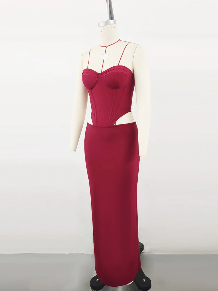 Abito sexy con fasciatura scavata senza spalline Abito da donna rosso vino senza maniche con cut-out senza schienale Abiti aderenti Abiti da festa per celebrità