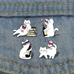 Cartoon white cat brooch, cat red wine, cute backpack, accessories, clothing decorations, zinc alloy badge
