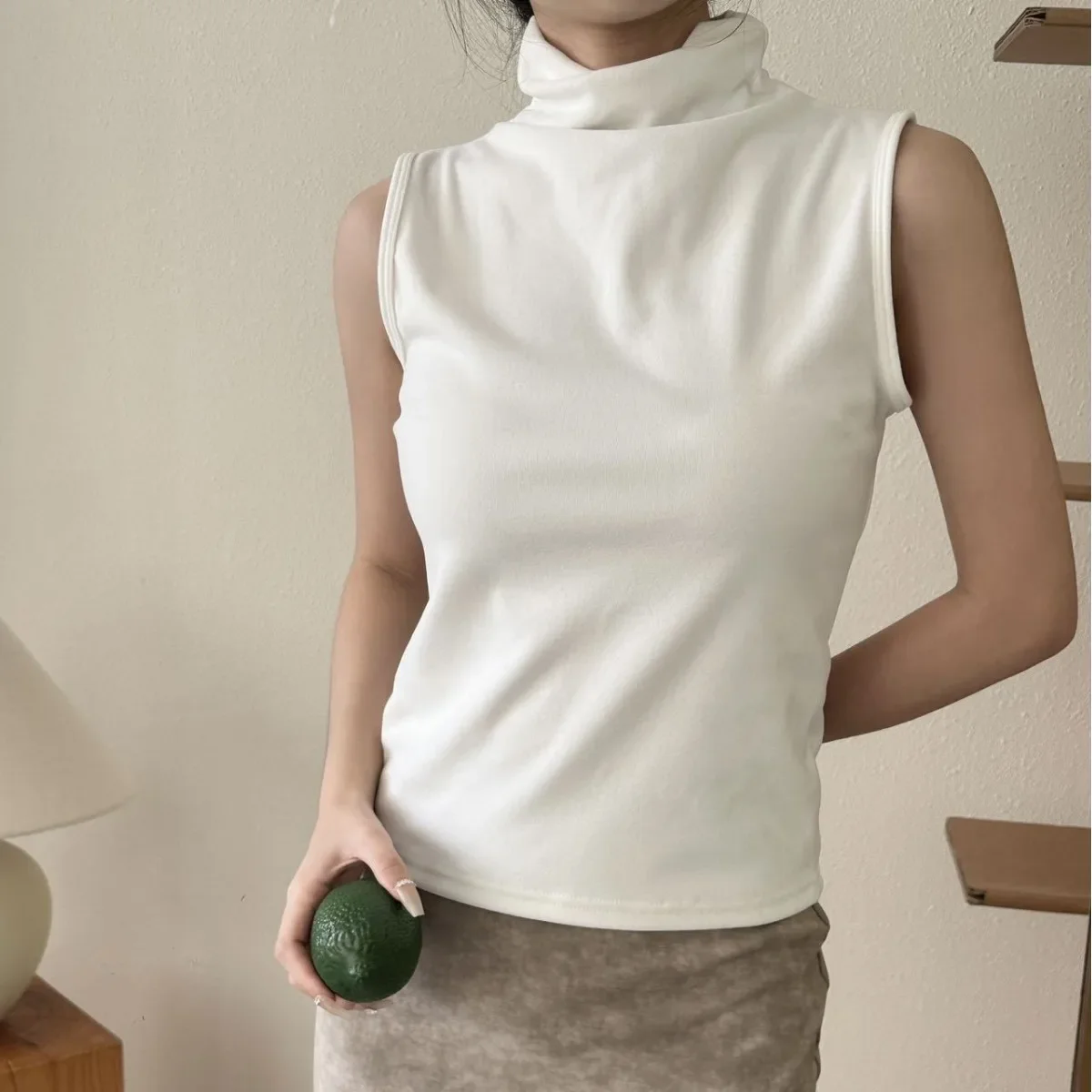 Soft High Collar Sleeveless Vest Pure Color Innerwear Outerwear Slimming Autumn Winter Fashionable Base Layer Shirt