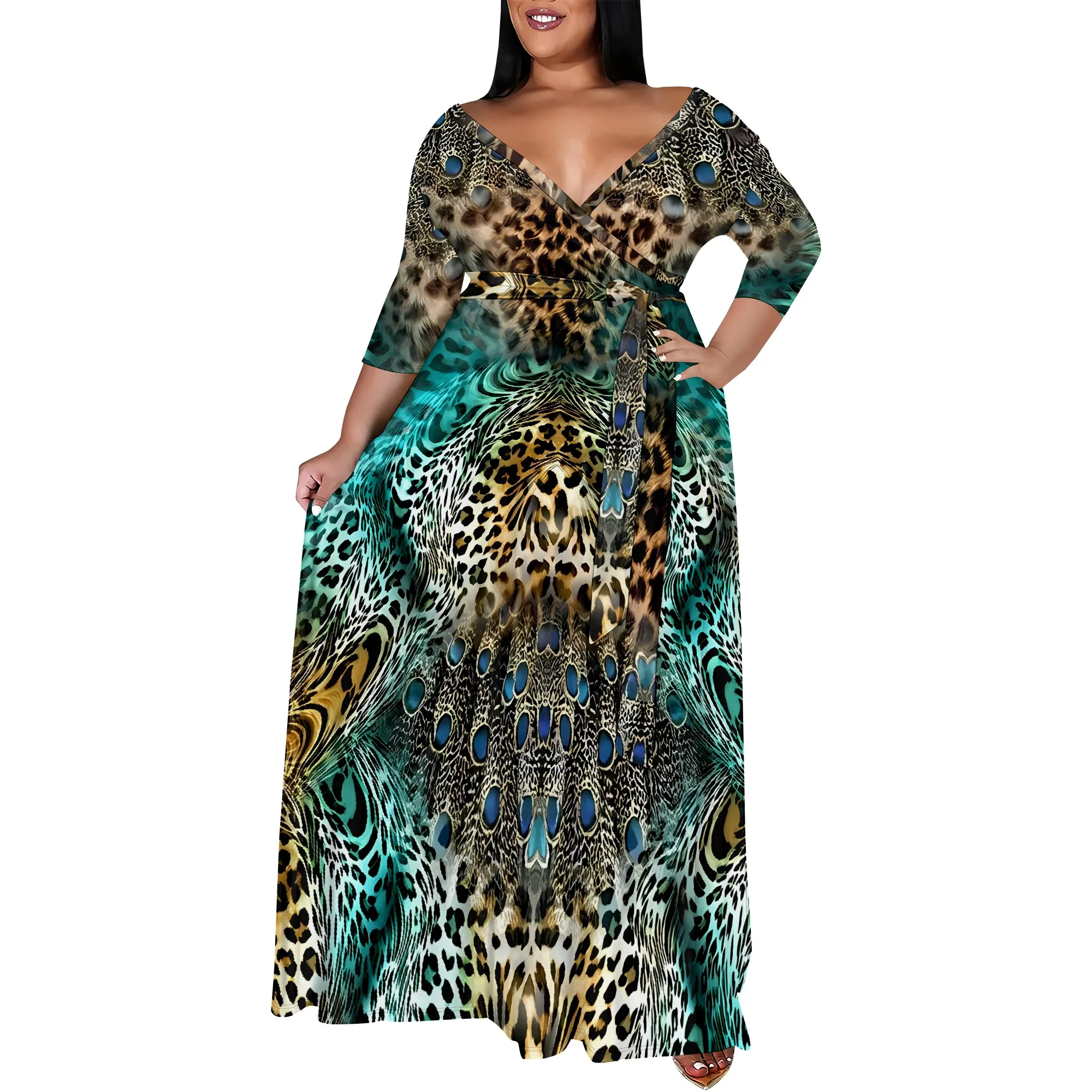 Nupusa プラスサイズ ヒョウ フェザー プリント ラップ マキシ ドレス 女性用 V ネック 3/4 スリーブ タイ ウエスト エレガントな秋の服装