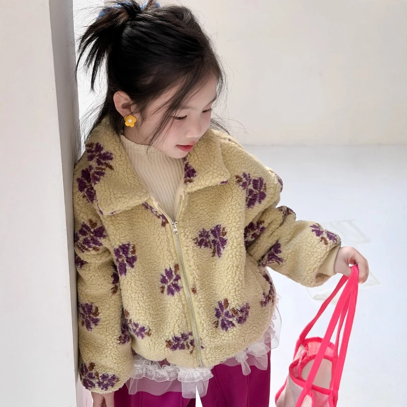 

2025 Winter Girls' Full Version Flower Clip Cotton Zipper Stand up Collar Thick Lamb Wool Coat