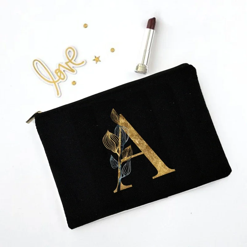 Gold Letters and Fallen Leaves Women Cosmetic Bag Make Up Bag Cosmetic Organizer Make Up Bag Lady  Brushes Bag Travel Wash Pouch