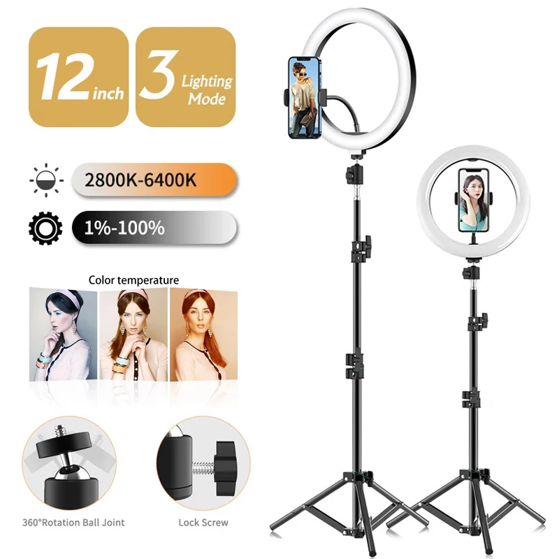 LED Selfie Ring Light 3 modes Dimmable Photography Lamp with 50cm Tripod Remote control for Tiktok Video Live Makeup Fill Light