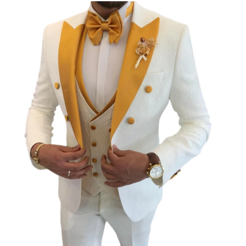 Floral Wedding Suits for Men 2024 Double Breasted Jacket with Vest Pants 3 Pieces Peak Lapel Groom Tuxedo Male Fashion Suit