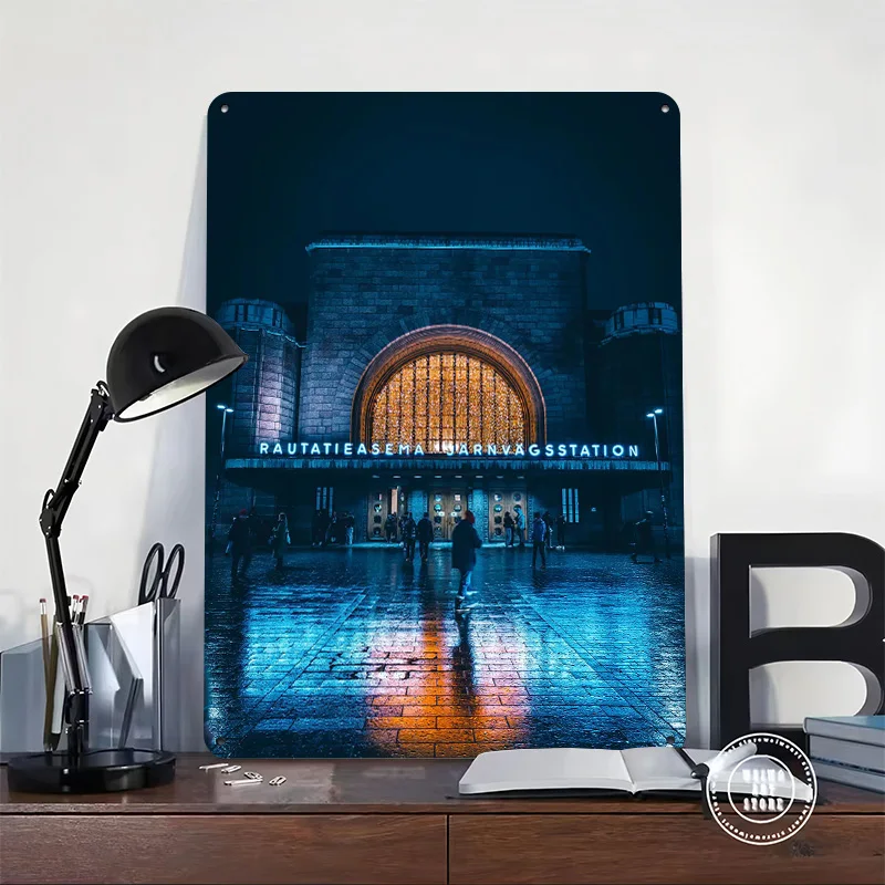 Neon Station in Helsinki Personalized 3D Textured Metal Poster Wall Art Vintage Tin Signs for Home Decor Living Room Wand Deko
