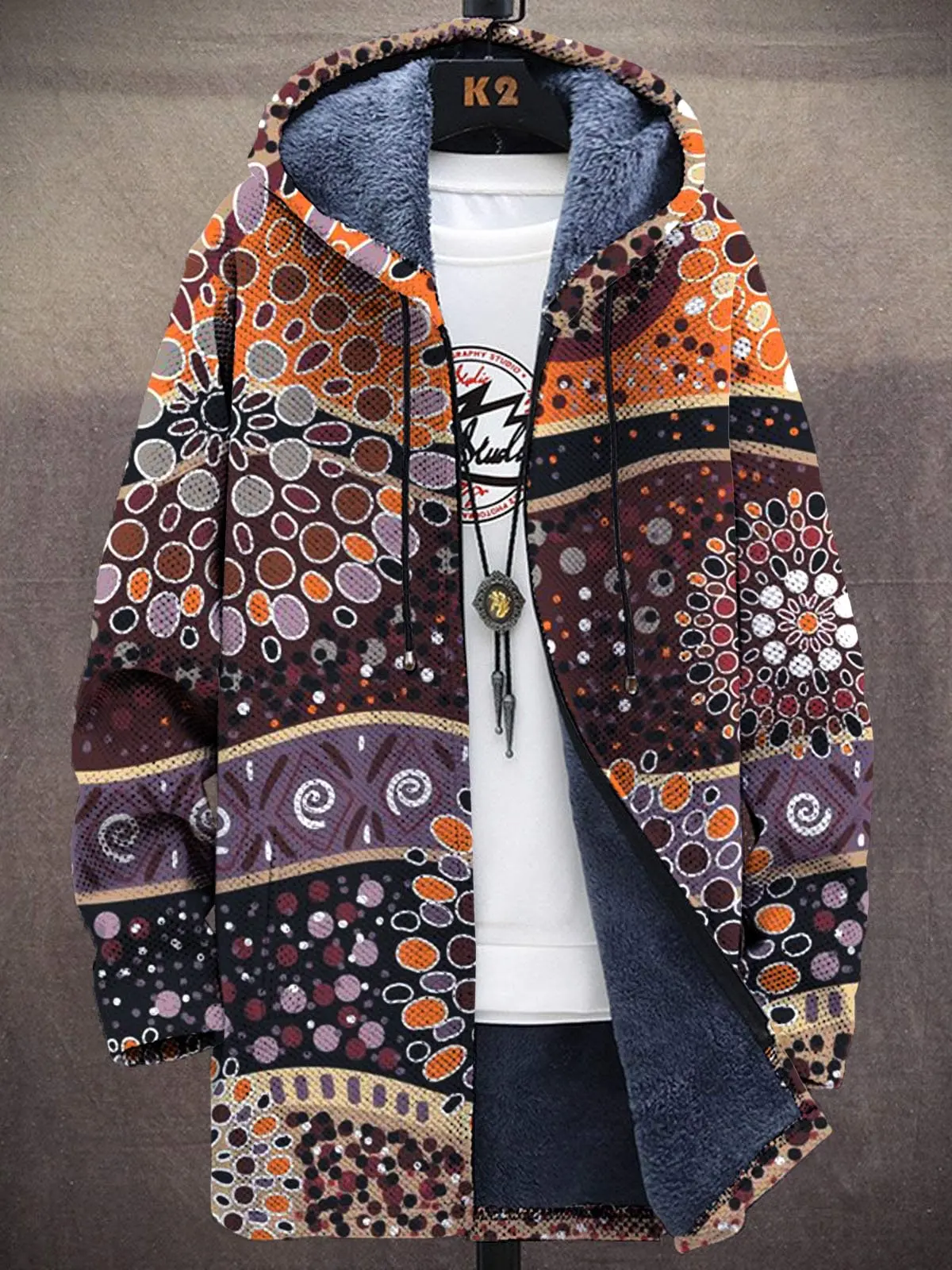

Vintage Multicolor Irregular Pattern Print Unisex Plush Thick Long-Sleeved Sweater Cardigan Coat Men's Thick Warm Jacket