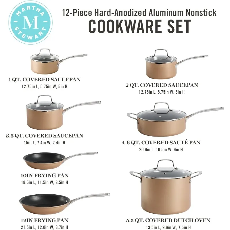 12 Piece Heavy Gauge Aluminum Hard Anodized Premium Nonstick Cookware Set, Induction Safe, Copper w/Black Interior