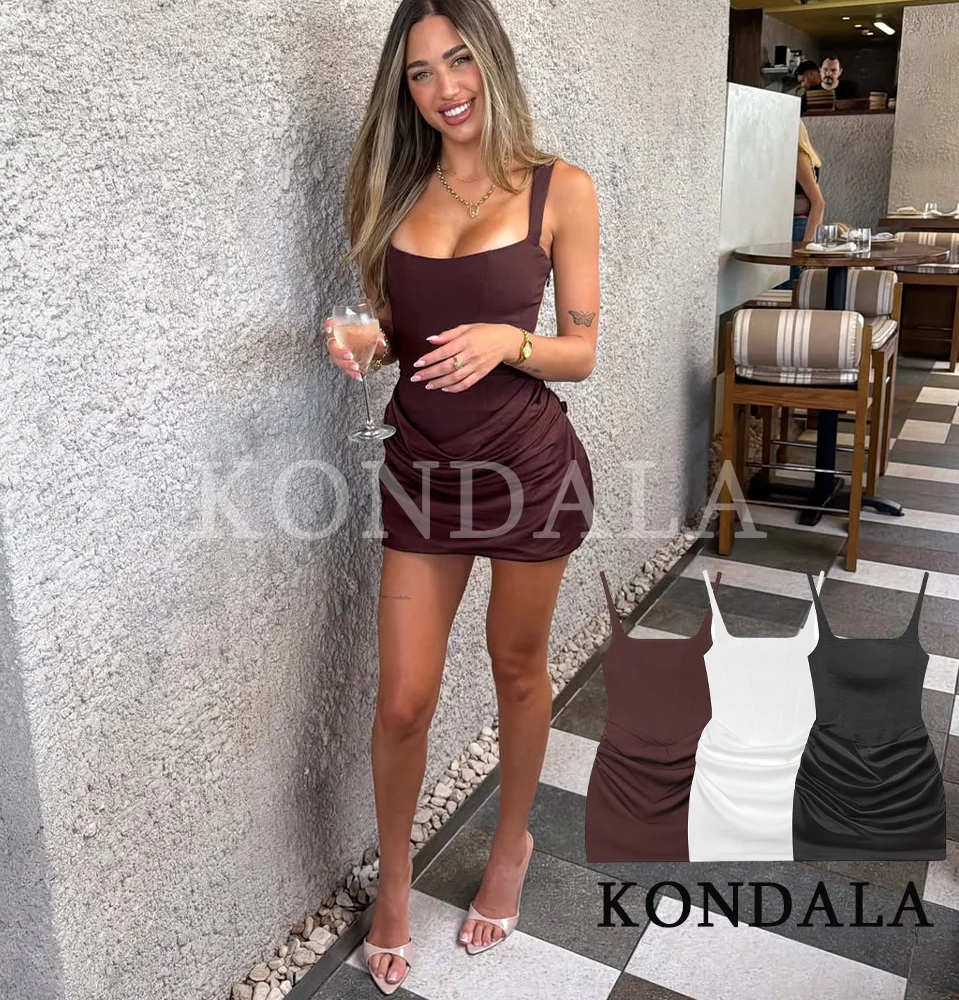 KONDALA Elegantes Cocktail-Party-Minikleid für Damen, schickes, plissiertes Hosenträgerkleid, 2026, Frühling, trendiges Dating-Urlaubs-Rücken-Schnürkleid