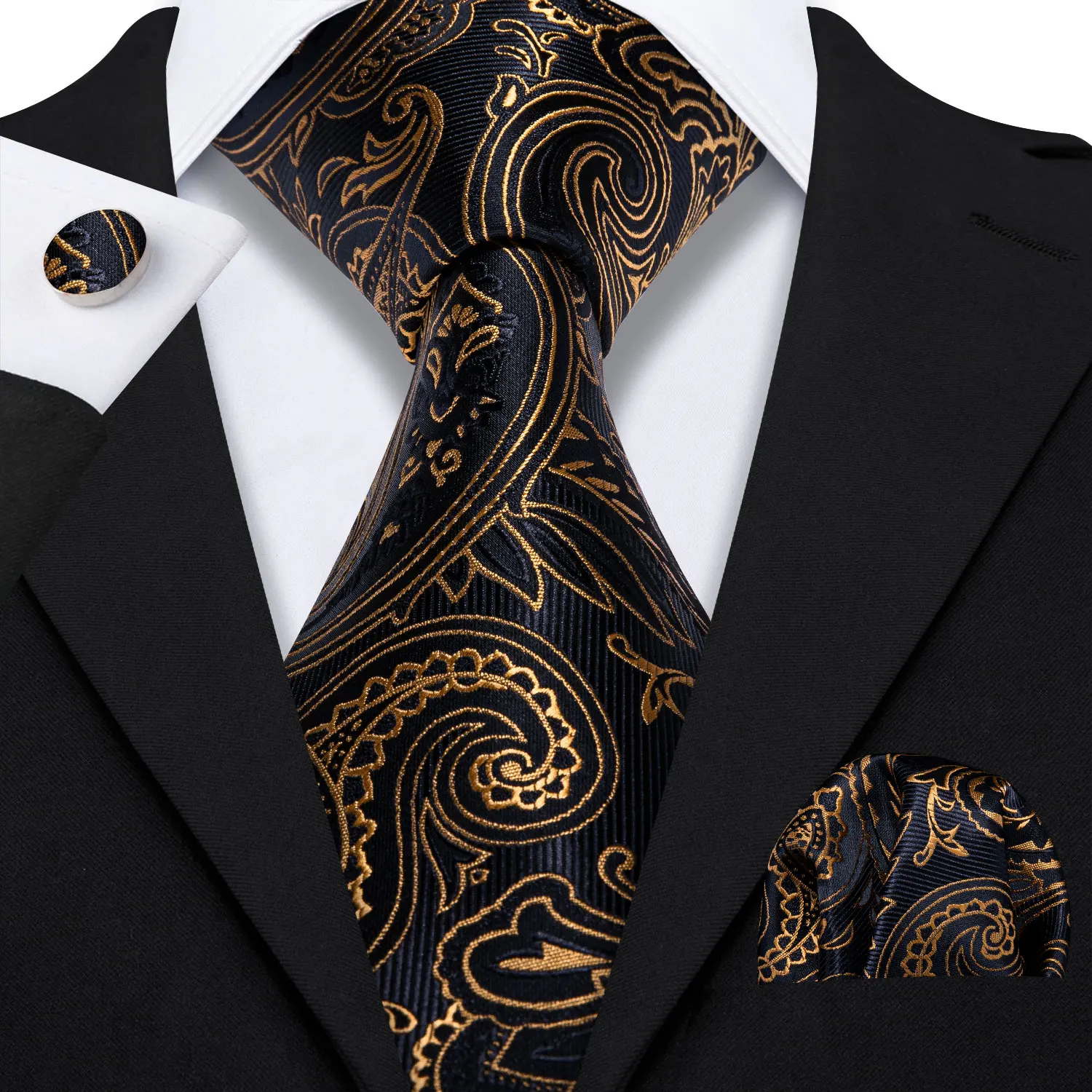 All Paisley Mens Tie Set 3PCS, Gold Blue Burgundy Purple Necktie Cufflinks Handkerchief Set