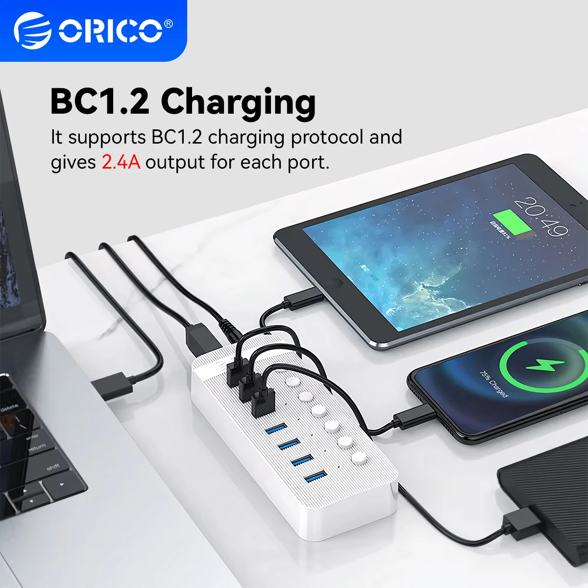 

ORICO 7 10 Ports Multi USB Hub Powered Splitter Socket with On/Off Switch Dock Multiple USB 3.0 Slot Power Supply Strip Adapter