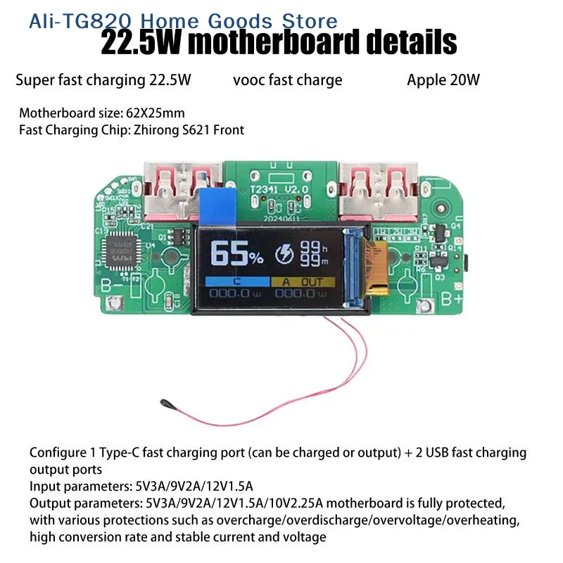 [TG820] 1 unidad de módulo de alimentación móvil con convertidor Buck de carga rápida bidireccional, placa base de alimentación DIY con pantalla USB Tipo-C 22.5W