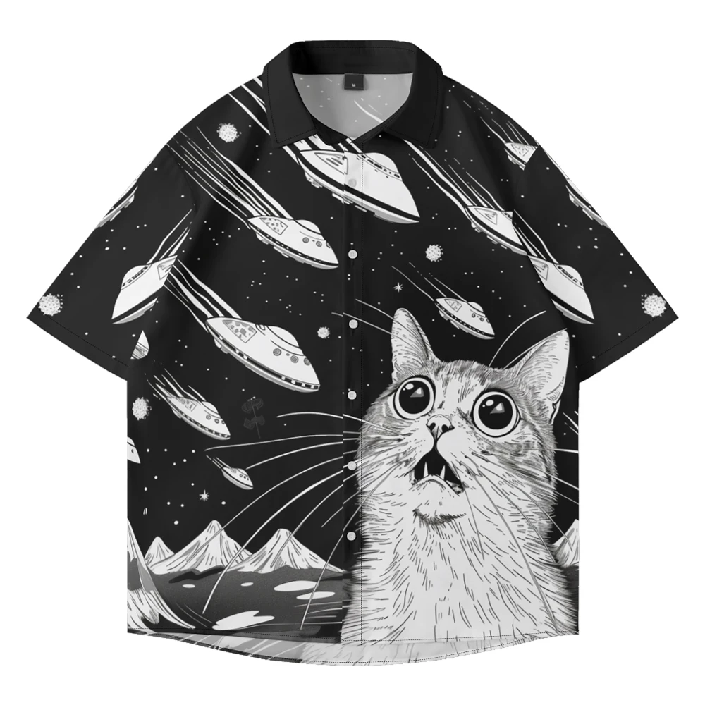 

Summer casual oversized short sleeved cat patterned shirt,loose and fashionable beach fashionable vacation single breasted shirt