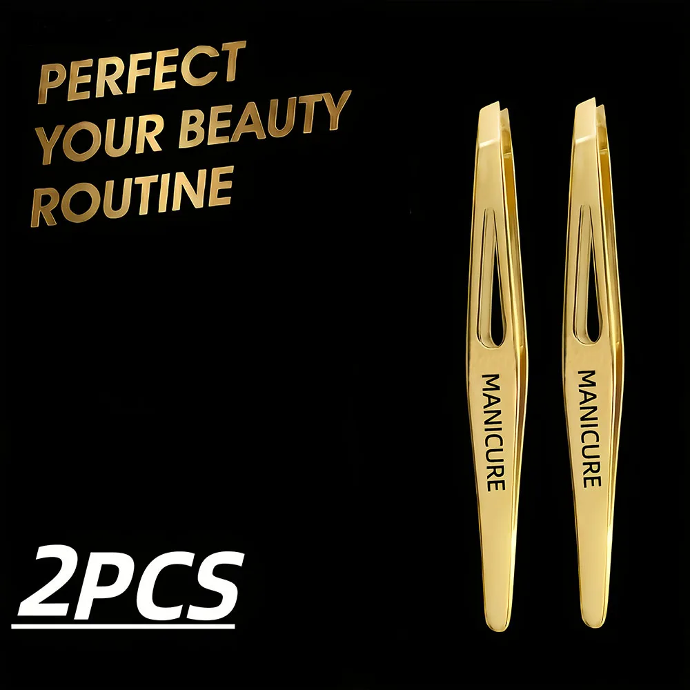 2pcs Golden-Tone Fine Stainless Steel Tweezers | Highly Recommended for Makeup Artists, Effortlessly Removes Facial Hair