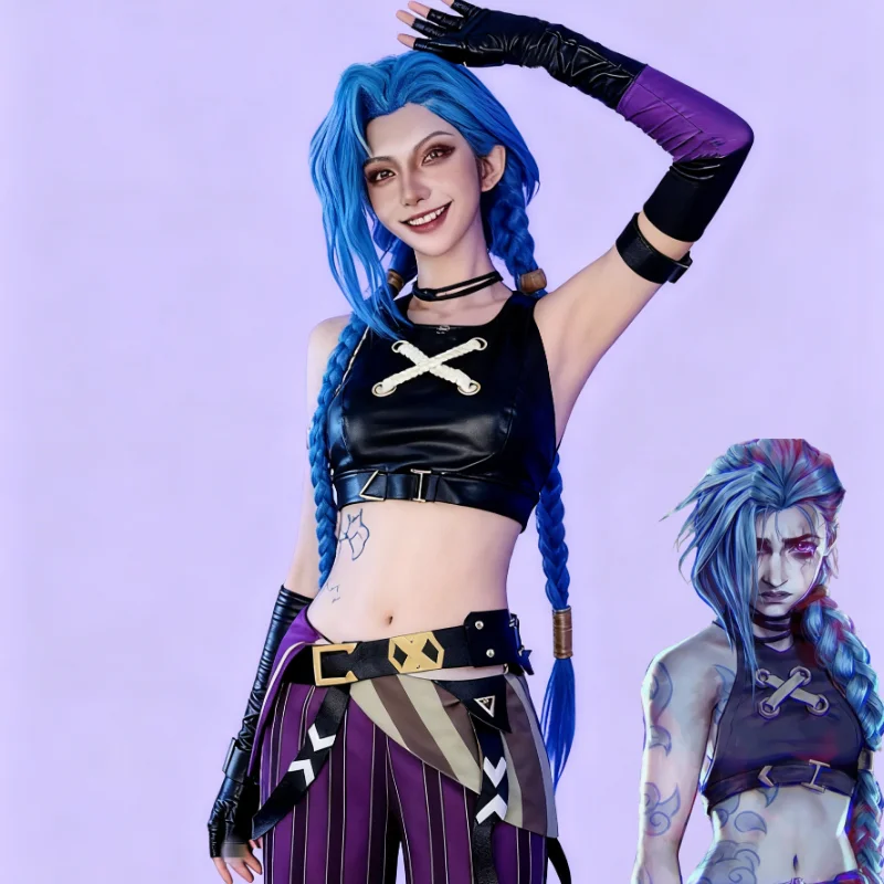 

Game Lol Jinx Cosplay Costume Wig Loli Uniform Outfit Women Halloween Christmas Party Cos Convention Comic Con Fullset