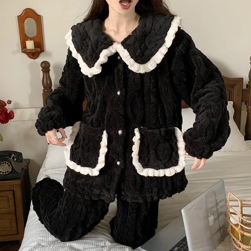 Coral Fleece Pajama Sets Women Winter Thicken Plus Velvet Warm Sleepwear Panelled Cozy Girlish Pockets Casual Sweet Dormitory