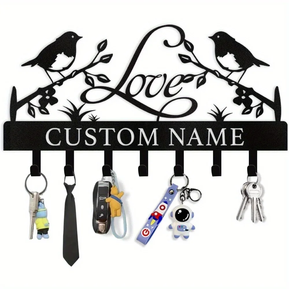 Bird-Themed Metal Key Holder, Customize Your Name on It. Wall-Mounted, Ideal for Hanging Room Keys & Coats, A Fabulous Surprise.