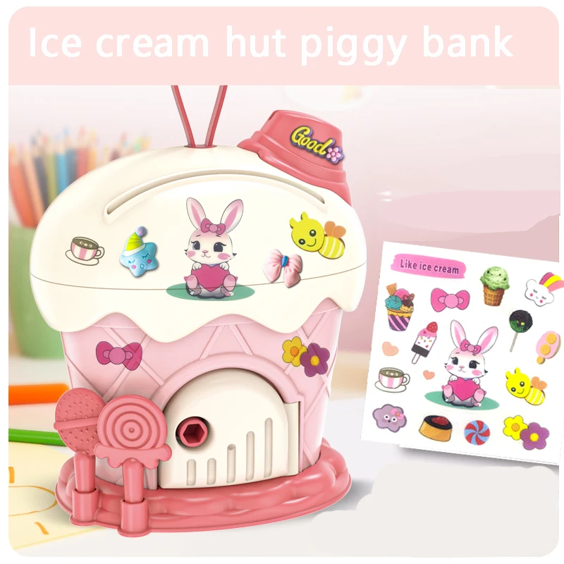 Tirelire de dessin animé pour enfants, cabane de crème glacée, autocollants de bricolage, économie d'argent, boîte avec prédire Kawaii, jouet de grande capacité, cadeau pour enfants