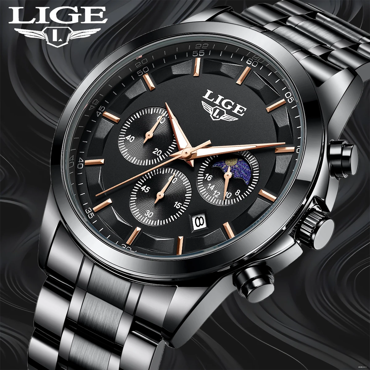 

LIGE Mens Business Watches Top Brand Luxury Quartz Wristwatch 3Bar Waterproof Chronograph Luminous Watch for Gentleman Gift+Box