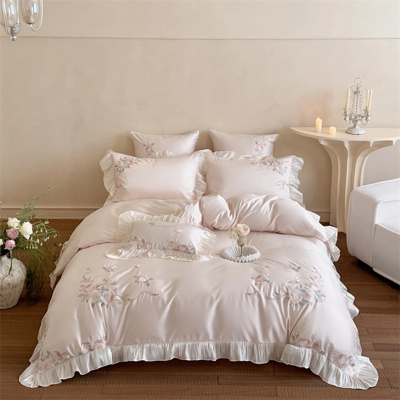 100S Long Staple Cotton Bedding Set French Rose Embroidery Ruffle Duvet Cover Set Princess Style Pink Bed Sheet Pillowcases 4Pcs