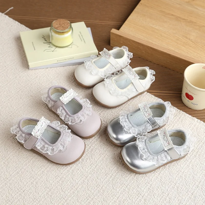 

Детские балетки для девочек с кружевной отделкой, милые туфли Мэри Джейн для принцесс, элегантные модные повседневные туфли для детей, плоские туфли с нескользящей подошвой