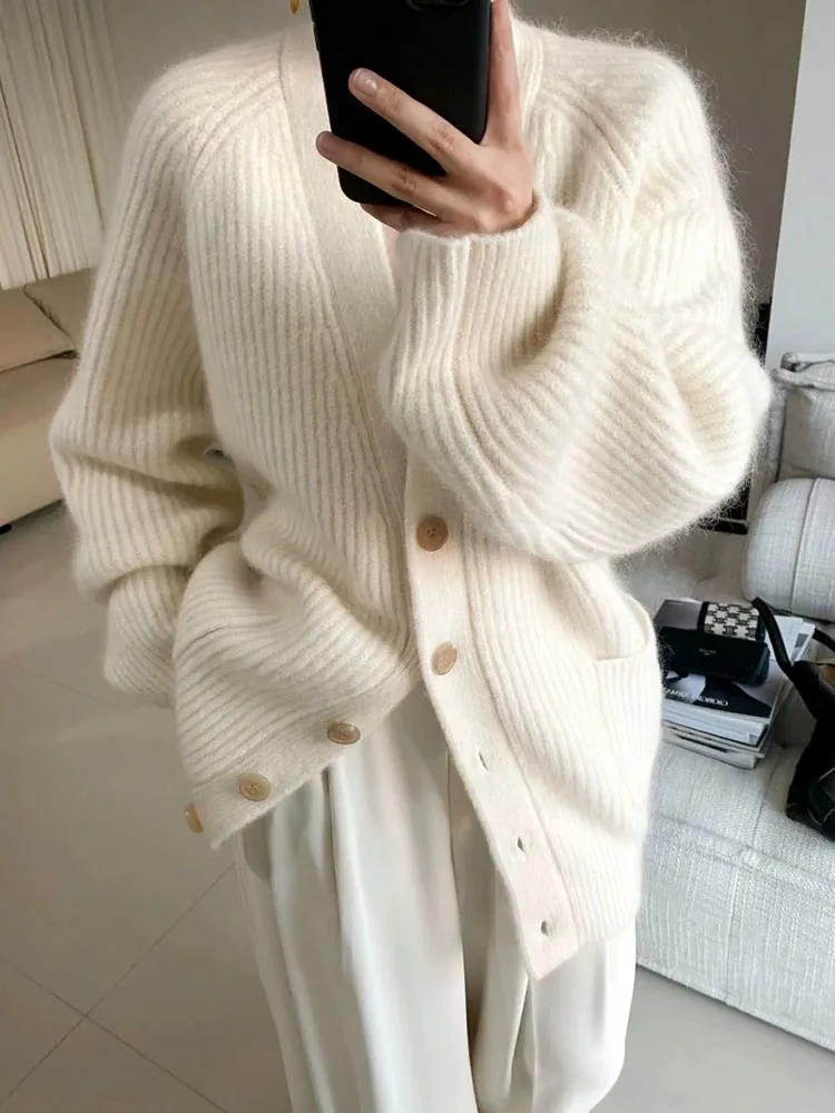 Long Section in Autumn and Winter 100% Pure Cashmere Cardigan Lazy Wind Loose High-End Autumn Thick Sweater Coat.